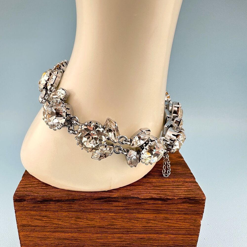 Vintage Austria Crystal Bracelet LG Dentelle Prong Set Silver Tone Safety Chain